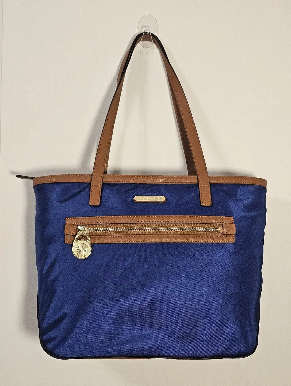 Michael Kors Jet Set Nylon Tote Royal Blue Tan Leather EUC